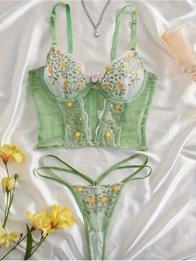 Green Floral Embroidered Longline Bra & Strappy Thong Set